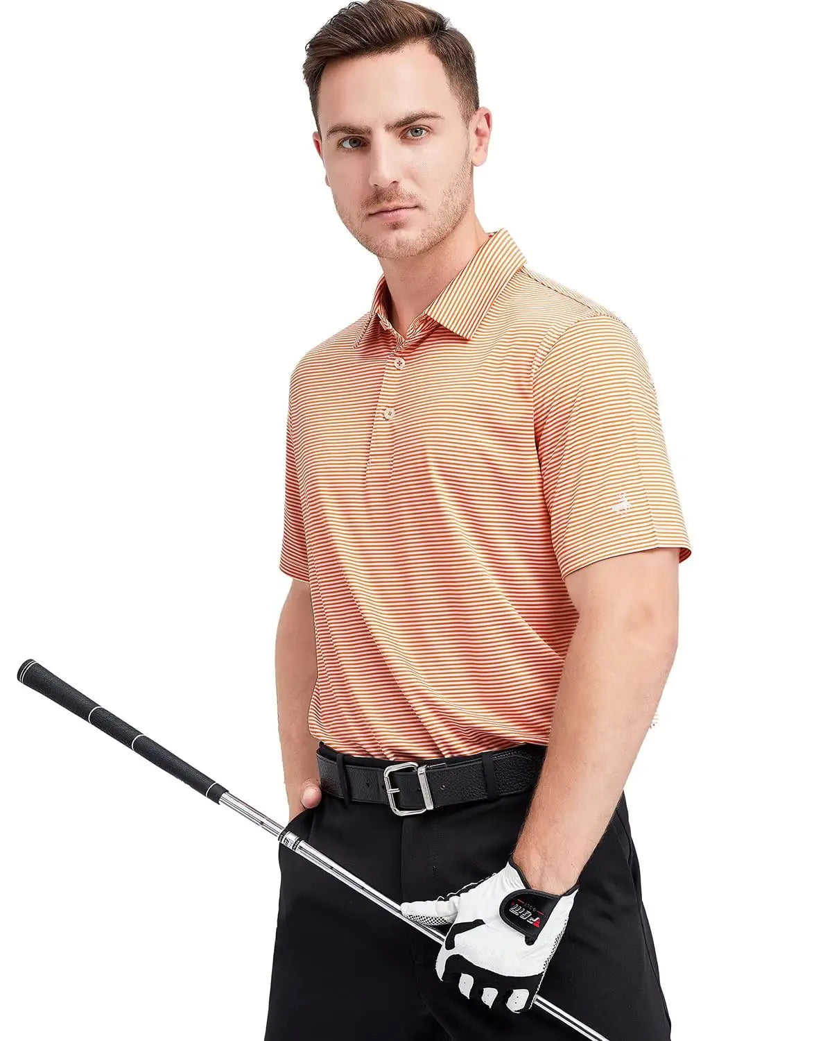 Men's Stripe Dry-Fit Golf Polo - Orange Large