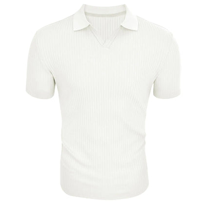 Men's Muscle V Neck Polo Shirts Slim Fit Short Long Sleeve Cotton Golf T-Shirts Ribbed Knit Soft Tees XX-Large White