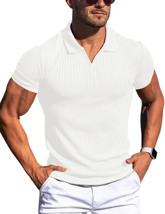 Men's Muscle V Neck Polo Shirts Slim Fit Short Long Sleeve Cotton Golf T-Shirts Ribbed Knit Soft Tees XX-Large White